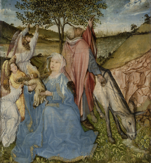 The Rest on the Flight, reverse: painted marble panel in a stone frame, c1450. Creator: Master of the Virgin at Covarrubias.