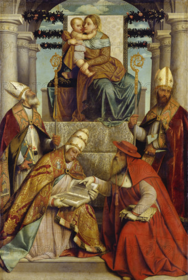 Virgin and Child Enthroned with the Four Fathers of the Latin Church, c1540-1550. Creator: Moretto da Brescia.