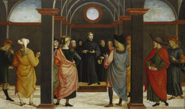 Saint Augustine disputing with the heretic Fortunatus, c1510. Creator: Umbrian Master.