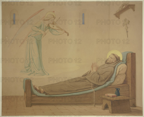 Saint Francis in his cell: An angel quenches the dying man's longing for music, 1855. Creator: Eduard von Steinle.
