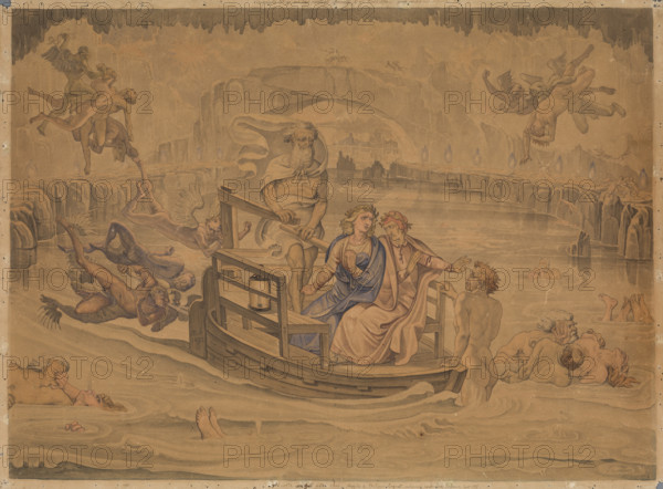 Dante, in the fifth circle of Hell, travels with Virgil over the swamp where the wrathful..., 1827. Creator: Johann Anton Ramboux.