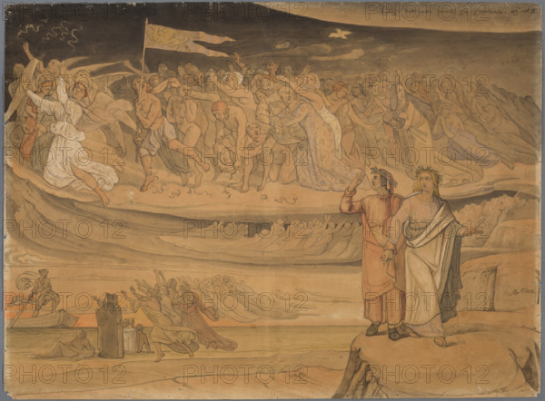 The poet by the river, over which Charon carries the souls of the departed, sees, blown..., 1832. Creator: Johann Anton Ramboux.