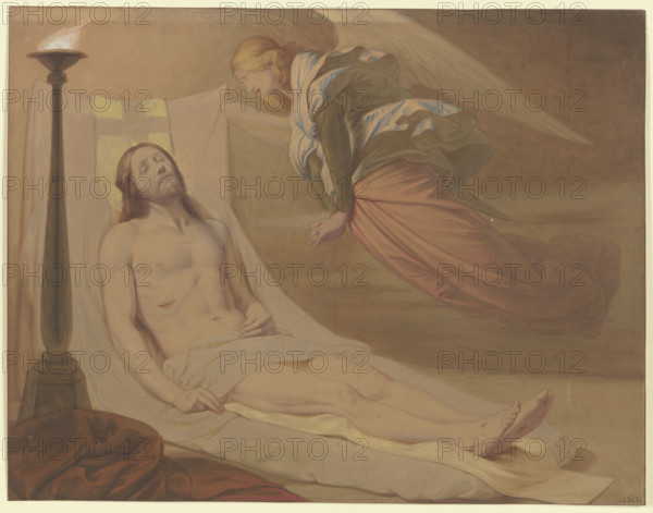Christ in the tomb, above him hovering a mourning angel, 1851. Creator: Eduard von Steinle.
