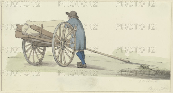 A farmer from the Hunsrück region by a cart, loading or unloading it, c1840s. Creator: Jakob Dielmann.