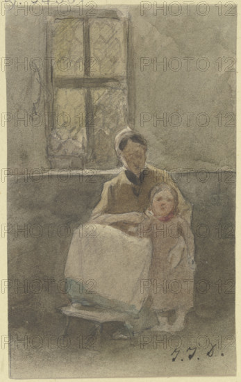 A woman sitting by a window holds a child standing beside her, c1840s. Creator: Jakob Dielmann.