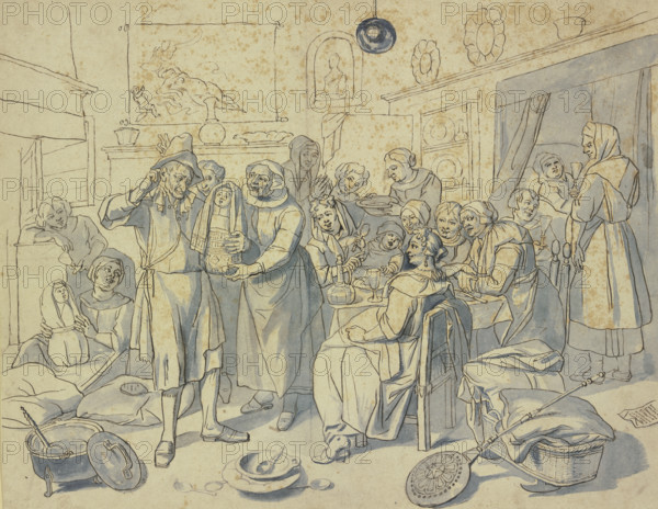 A man is born with twins; he scratches behind his ears because of the abundant blessing..., 1668. Creator: Unknown.