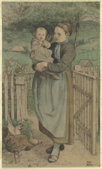 Farm girl standing by a wooden trellis with a child in her arms, c1860s. Creator: Hans Thoma.