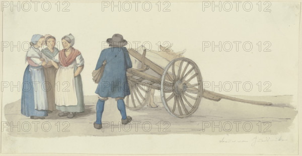 A A farmer and three women from the Hunsrück region by a cart, with a cow behind them, c1840s. Creator: Jakob Dielmann.