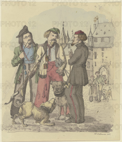 Three students smoking with two dogs, 1829. Creator: Jakob Dielmann.