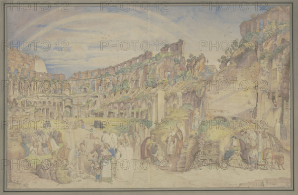 View of the interior of the Colosseum in Rome with scenes from Italian folk life, 1826. Creator: Johann Anton Ramboux.
