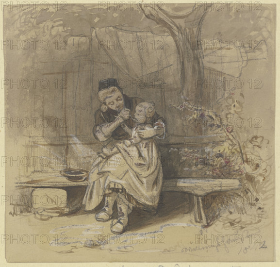 Woman feeding a small child outdoors, 1842. Creator: Jakob Dielmann.