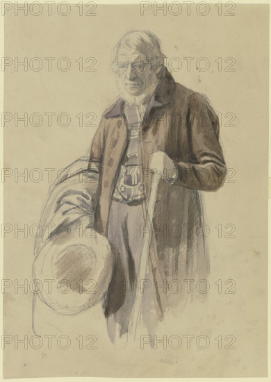 Bearded man with his hat and coat off, a staff in his left hand, c1830-1872. Creator: Jakob Becker.