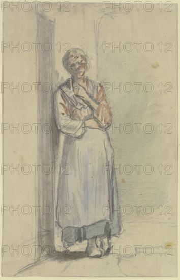 A woman stands with her right shoulder against the front door, her left hand reaching..., c1840s. Creator: Jakob Dielmann.