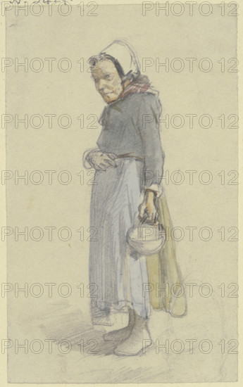 An old woman turned to the left, carrying a basket in her hanging left hand, c1840s.. Creator: Jakob Dielmann.