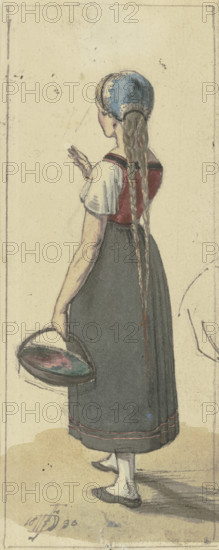 A girl with long braids and a basket, seen from behind, 1830. Creator: Jakob Dielmann.