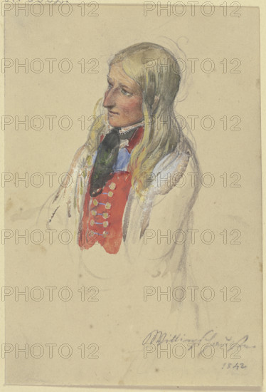 Bust of a young blonde peasant woman in a red vest and white skirt, 1842. Creator: Jakob Dielmann.