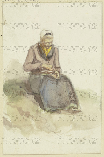 An old woman sits on a lawn holding a bowl of milk in her lap, c1840s. Creator: Jakob Dielmann.