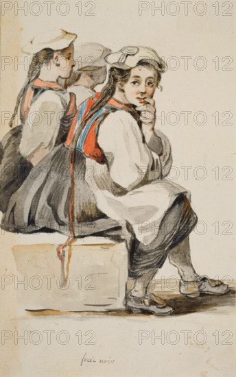 Three Black Forest peasant girls sitting side by side, seen from the side looking right, c1771-1772. Creator: Georg Melchior Kraus.