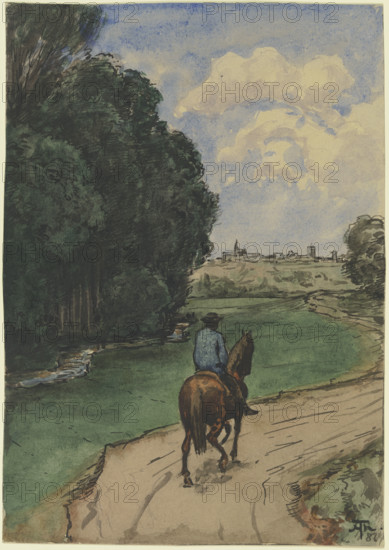At the edge of the forest. Horseman on a path, facing into the picture, 1887. Creator: Hans Thoma.