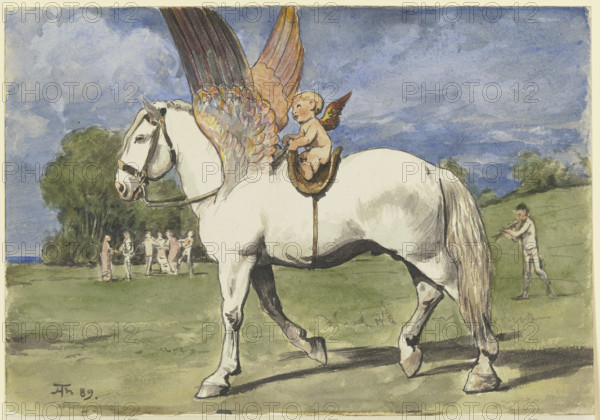 Cherub on Pegasus, 1889. Creator: Hans Thoma.