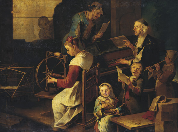 Domestic Scene with Musicians and Woman Spinning, c1720-1730. Creator: Giacomo Francesco Cipper.