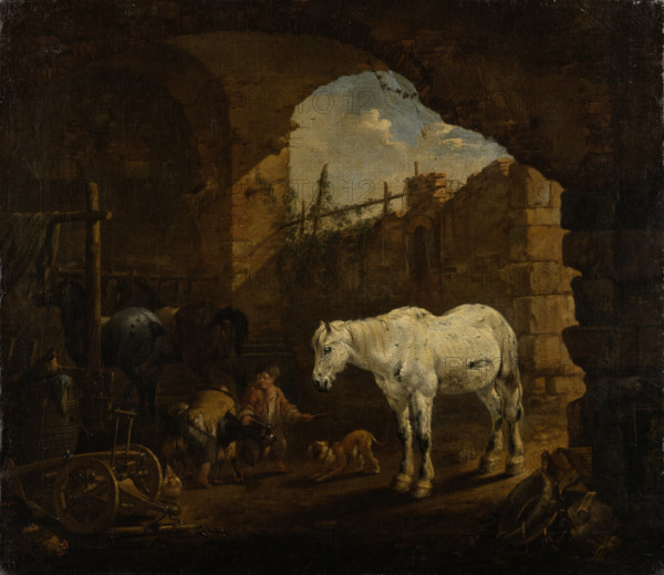 Children playing in a Stable, 1675. Creator: Johann Heinrich Roos.