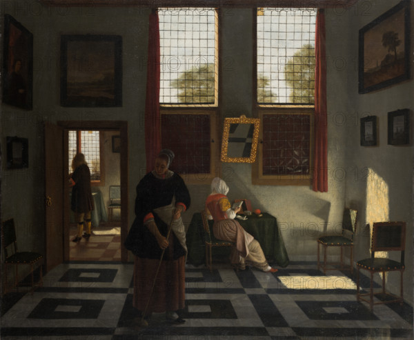 Interior with Painter, Woman Reading and Maid Sweeping, c1665-1670. Creator: Pieter Janssens Elinga.