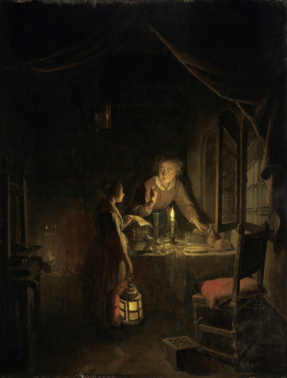 Woman Tidying the Supper Table, c1655-1660. Creator: Gerrit Dou.