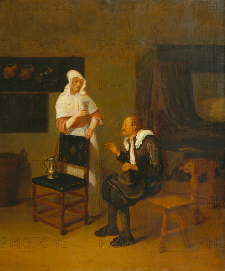 Scene at an Inn with elderly Guest and servant Maid, 1661. Creator: Gerritsz Quiringh van Brekelenkam.