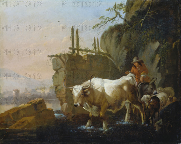 Herdsmen Driving Cattle through a Ford, 1670. Creator: Johann Heinrich Roos.