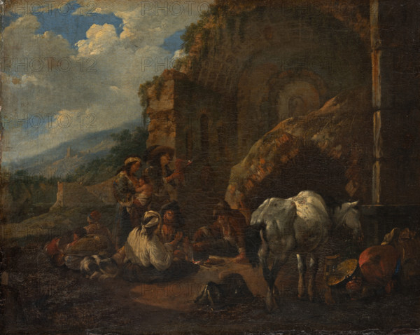 Travelling People Resting in Front of a Roman Ruin, 1672. Creator: Johann Heinrich Roos.