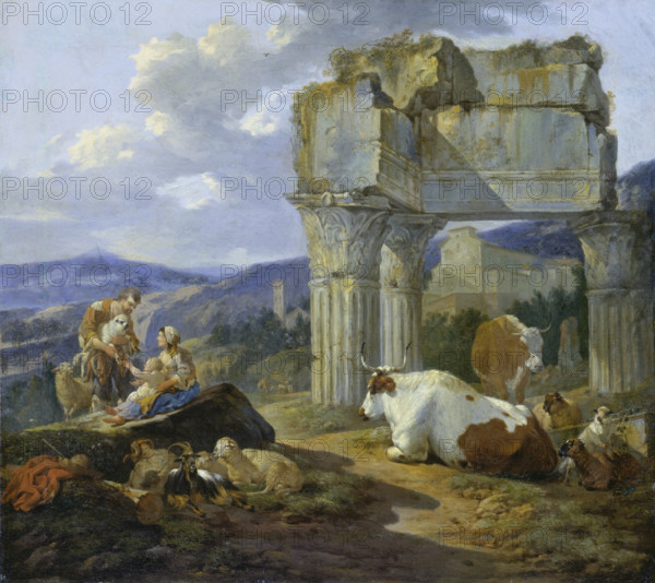 Shepherd's Family at the Ruins of the Temple of Vespasian, 1674. Creator: Johann Heinrich Roos.
