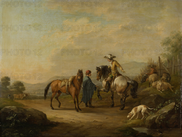 A Gentleman on Horseback with his Groom, 1786. Creator: Johann Georg Pforr.