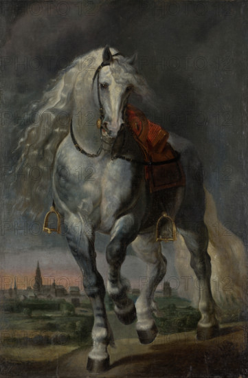 White Horse trotting over a flat Landscape before a City, after 1648-1653. Creator: School of Peter Paul Rubens.