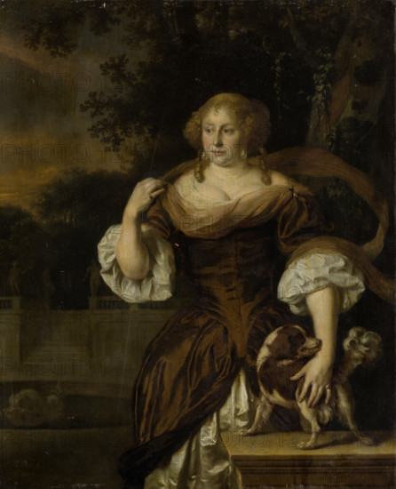 Portrait of a Woman with Dog in a Park Landscape, 1677. Creator: Ary de Vois.