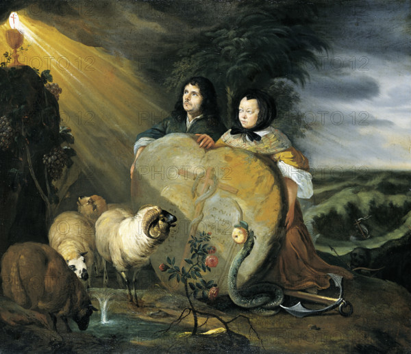 Self Portrait (?) with his Wife and Symbols of the Christian Faith, after 1680. Creator: Johann Heinrich Roos.
