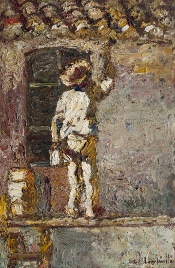 A painter at work on a house wall, 1875. Creator: Adolphe Monticelli.