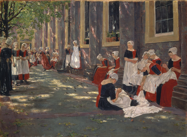 The Courtyard of the Orphanage in Amsterdam: Free Period in the Amsterdam Orphanage, 1881-1882. Creator: Max Liebermann.