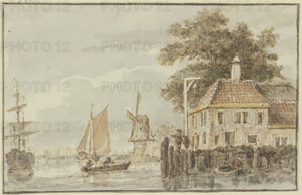 House by the water and a windmill, with several ships nearby. Creator: Hendrik Spilman.