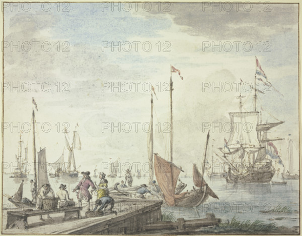 Boats lie by a wooden causeway, a merchant and his wife are having goods loaded. Creator: Abraham Storck.