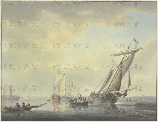 Barges lie on the beach; a boat with many people, including some military personnel, is sailing... Creator: Arie Lamme.