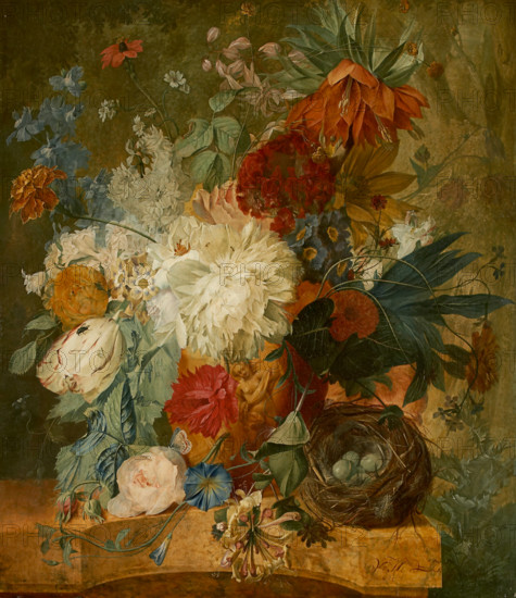 Still Life with Bouquet of Flowers and Bird's Nest, 1776. Creator: Wybrand Hendriks.
