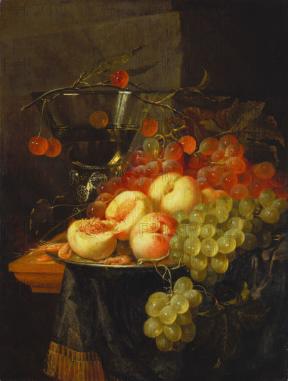 Still Life with Fruit and a Cherry Branch over a Berkemeyer Glass, c1658. Creator: Pieter de Ring.