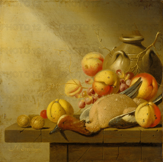 Still Life with Fruit and Plucked Duck, c1651-1653. Creator: Harmen Steenwijck.