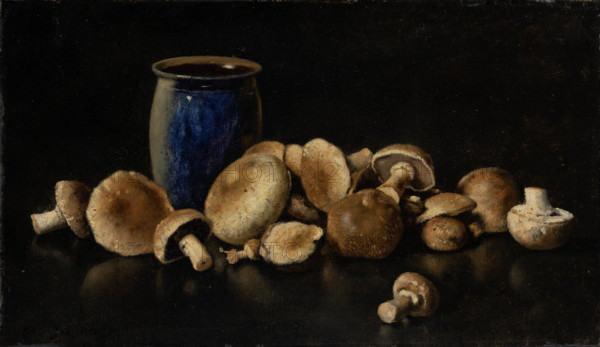 Still life with Blue Vase and Mushrooms, 1891. Creator: Otto Scholderer.