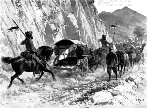 Pro Gloria Patriae: bodies of officers killed in the Indian Frontier Campaign..., 1898. Creator: Samuel Begg.