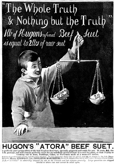 Advertisement for Hugon's "Atora" Beef Suet, 1898. Creator: Unknown.