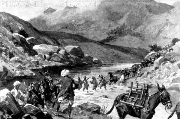 The Indian Frontier Rising:...Bengal Sappers and Miners fording the Mastura River, 1898. Creator: William Barnes Wollen.