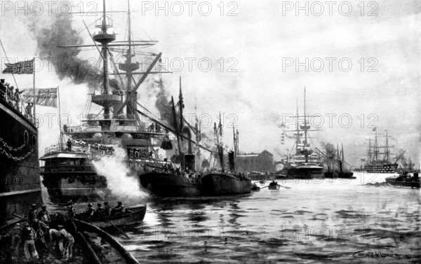Time competitions in the coaling of war-ships at Portsmouth, 1898. Creator: Unknown.