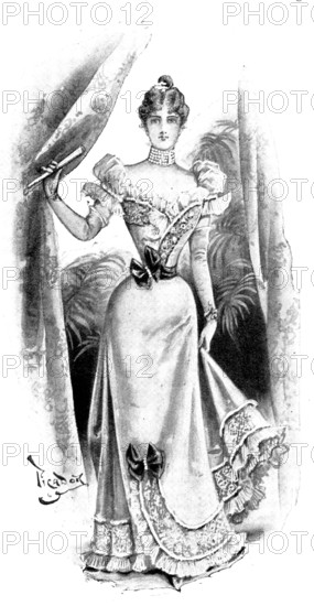 Ladies' Page: a white satin evening gown, 1898. Creator: Picador.